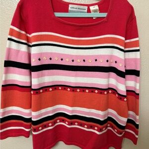 Alfred Dunner various Pinks square Neck Sweater with Stripes & small beads